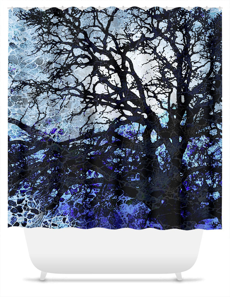 Abstract Blue Tree Silhouette Shower Curtain - Moonlit Night - Shower Curtain - Fusion Idol Arts - New Mexico Artist Christopher Beikmann