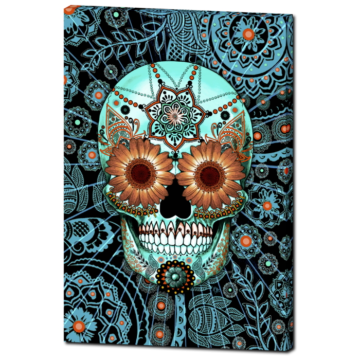 Blue and Orange Paisley Day of The Dead Art Canvas - Sugar Skull Caribbean Blue - Premium Canvas Gallery Wrap - Fusion Idol Arts - New Mexico Artist Christopher Beikmann