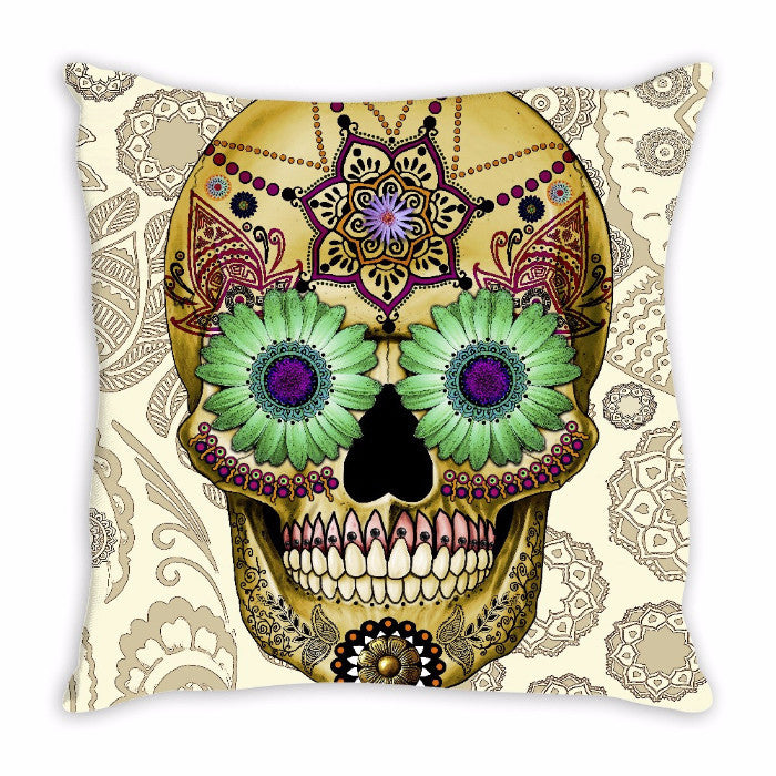 Tan Paisley Day of The Dead Throw Pillow - Sugar Skull Bone Paisley - Throw Pillow - Fusion Idol Arts - New Mexico Artist Christopher Beikmann