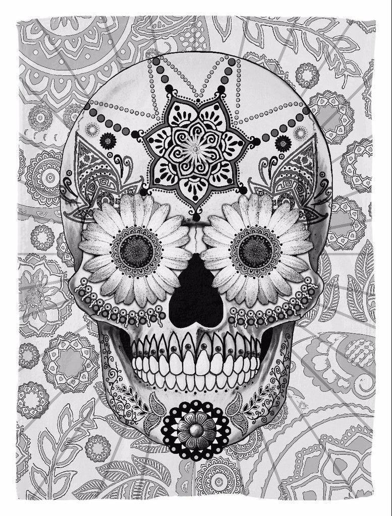 Black and White Day of the Dead Fleece Blanked - Sugar Skull Bleached Bones - Fleece Blanket - Fusion Idol Arts - New Mexico Artist Christopher Beikmann