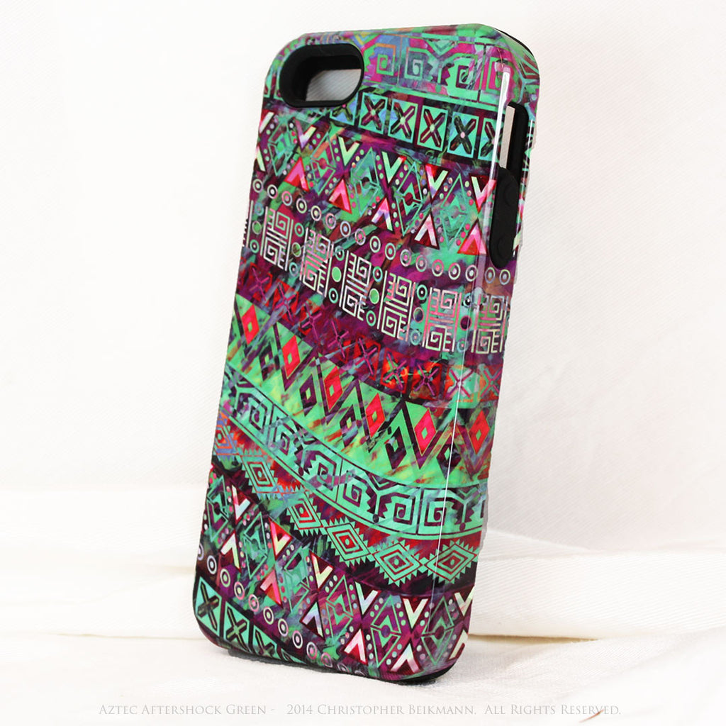 Green Tribal iPhone 5s SE TOUGH Case - Tribal Abstract Art - "Aztec Aftershock Green" - Dual Layer Case by Da Vinci Case - iPhone 5 5s TOUGH Case - Fusion Idol Arts - New Mexico Artist Christopher Beikmann