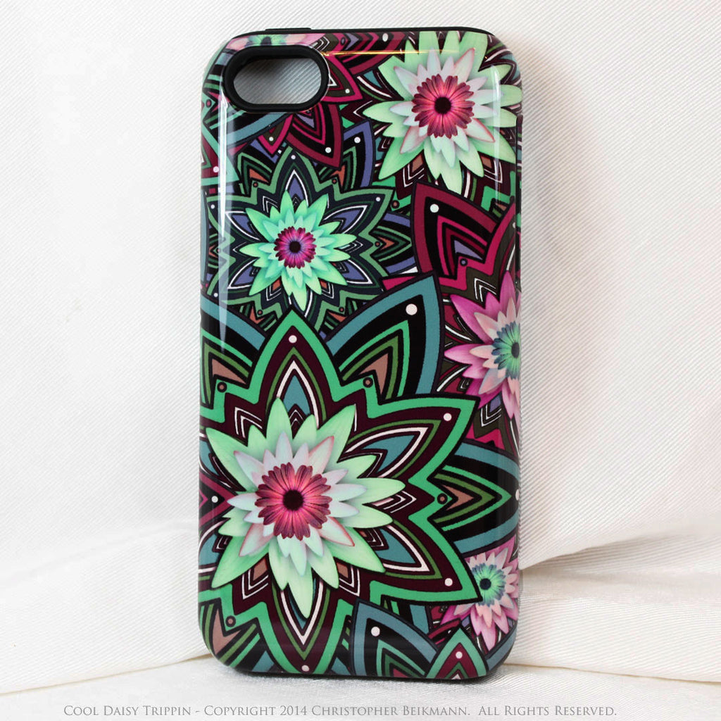 Purple and Green Floral iPhone 5s SE TOUGH Case - Cool Daisy Trippin - Geometric Daisy Flower Dual Layer iPhone Case - iPhone 5 5s TOUGH Case - Fusion Idol Arts - New Mexico Artist Christopher Beikmann