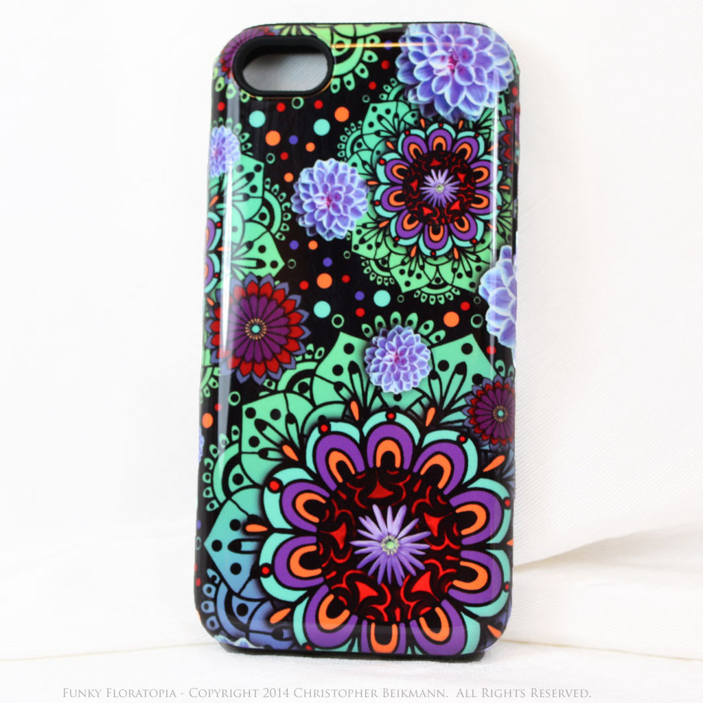 Green & Purple Floral iPhone 5s SE TOUGH Case - Funky Floratopia - Dual Layer Paisley iPhone 5s SE Case - iPhone 5 5s TOUGH Case - Fusion Idol Arts - New Mexico Artist Christopher Beikmann
