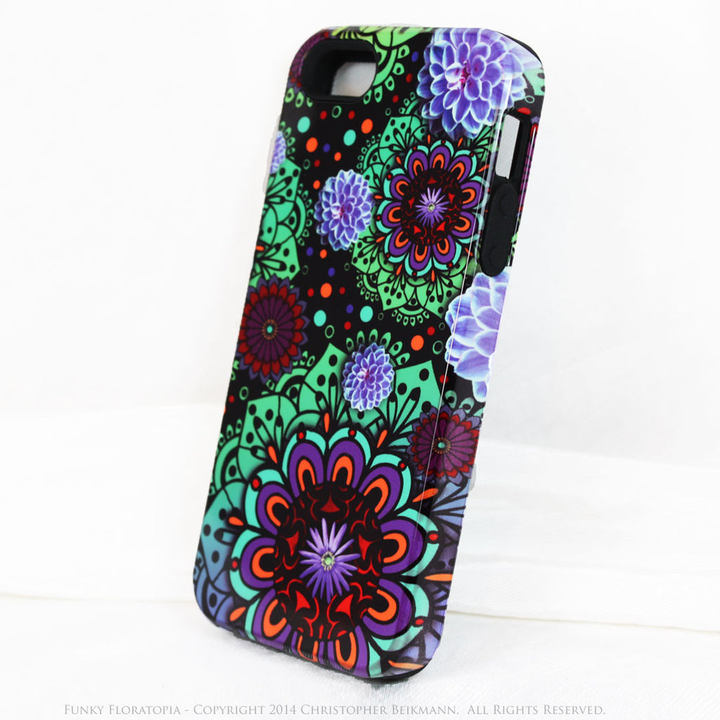 Green & Purple Floral iPhone 5s SE TOUGH Case - Funky Floratopia - Dual Layer Paisley iPhone 5s SE Case - iPhone 5 5s TOUGH Case - Fusion Idol Arts - New Mexico Artist Christopher Beikmann