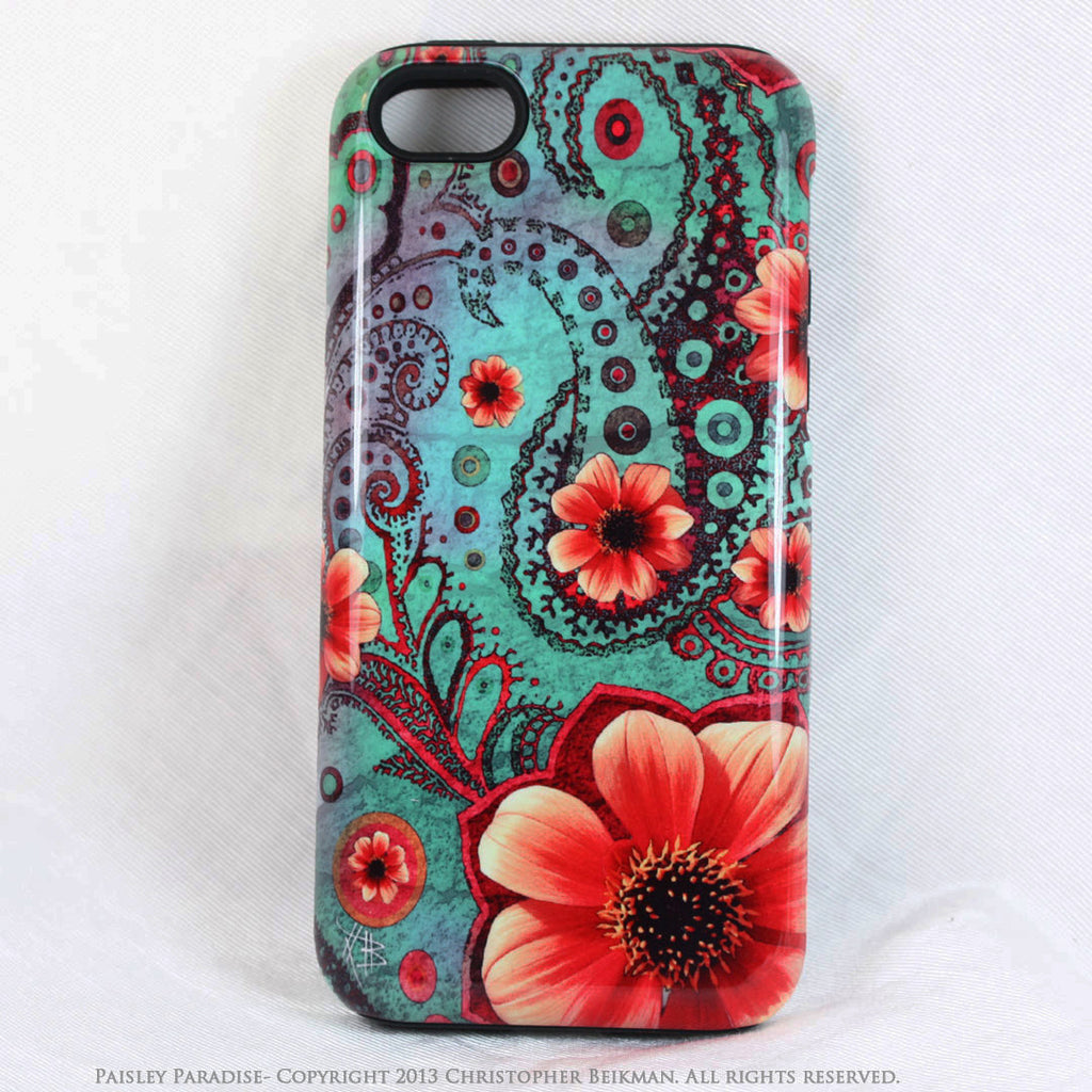 Paisley iPhone 5s SE TOUGH Case - Paisley Paradise - Teal Green and Orange Paisley Floral Art - Unique Case For iPhone 5s SE - iPhone 5 5s TOUGH Case - Fusion Idol Arts - New Mexico Artist Christopher Beikmann