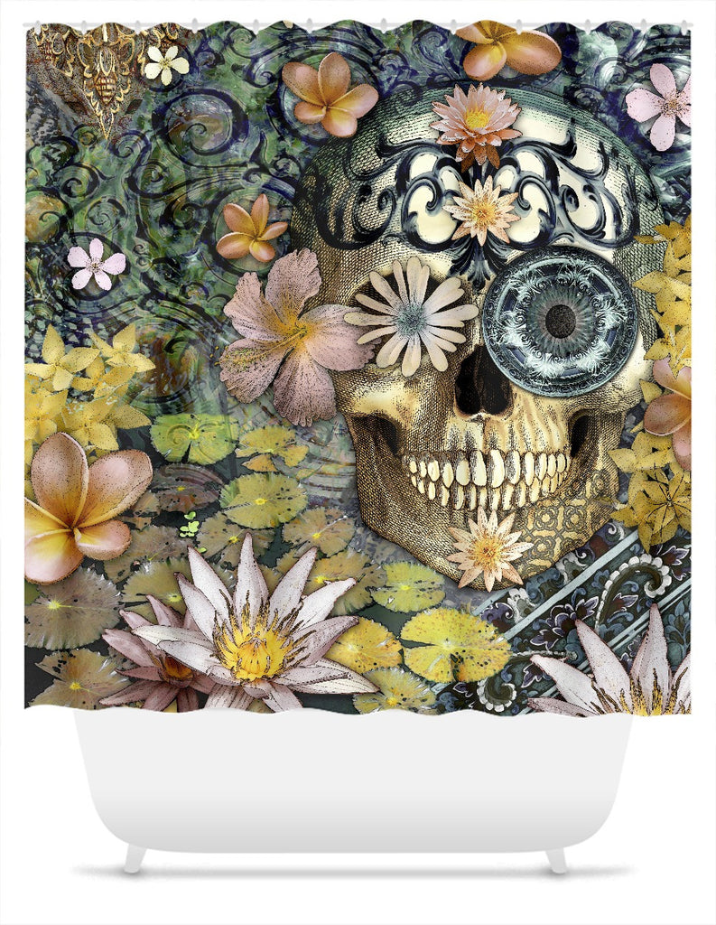 Bali Botaniskull Shower Curtain - Floral Sugar Skull Art - Shower Curtain - Fusion Idol Arts - New Mexico Artist Christopher Beikmann