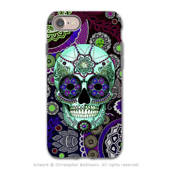 Purple Paisley Sugar Skull - Artistic iPhone 7 Tough Case - Dual Layer Protection - Sugar Skull Sombrero Night - iPhone 7 Tough Case - Fusion Idol Arts - New Mexico Artist Christopher Beikmann